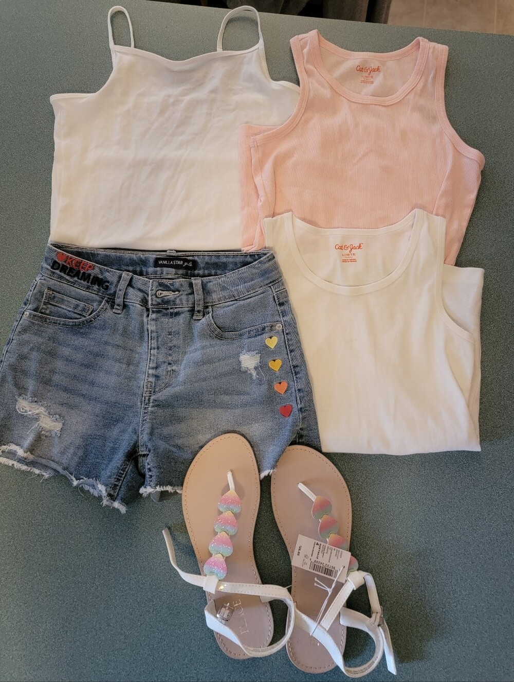 Girls Summer Bundle 10/12 Cat & Jack Tops, Vanilla Star Jean Shorts, NWT Sandals